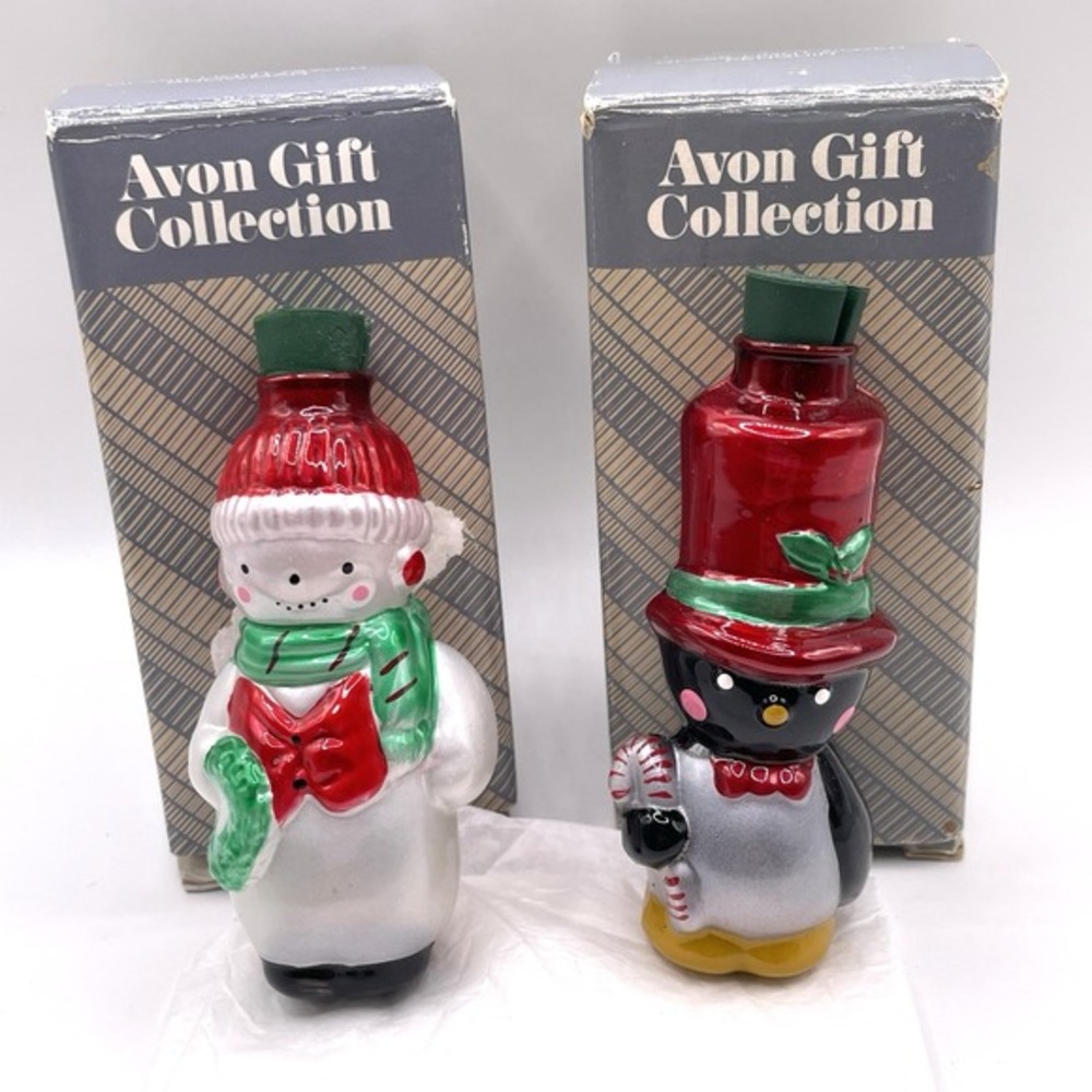 Vintage Christmas Holiday Avon Glass Light Cover 3.5" Penguin Snowman LOT of‎ 2